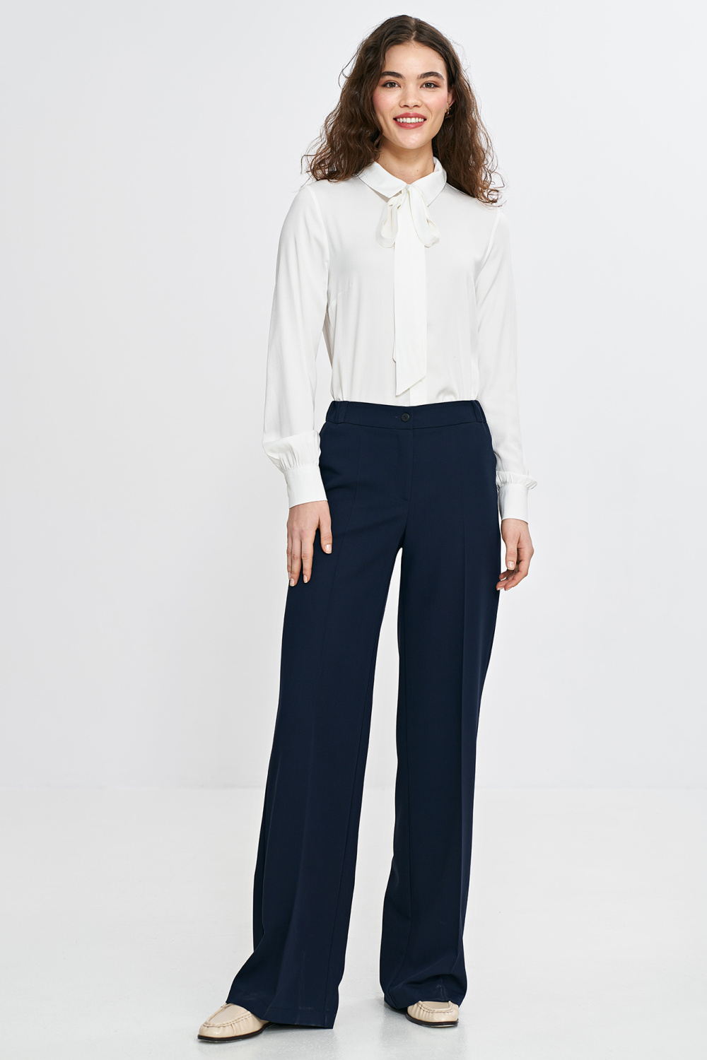 Spodnie wide leg z gumą w pasie SD113 Navy - Nife - obrazek 2