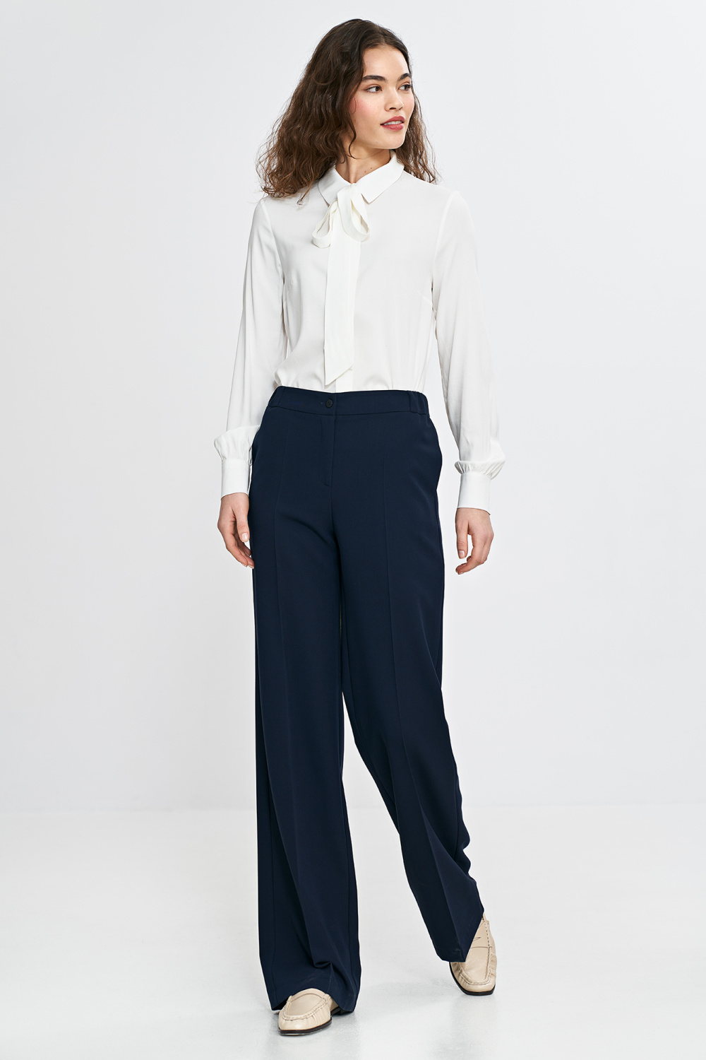 Spodnie wide leg z gumą w pasie SD113 Navy - Nife - obrazek 4