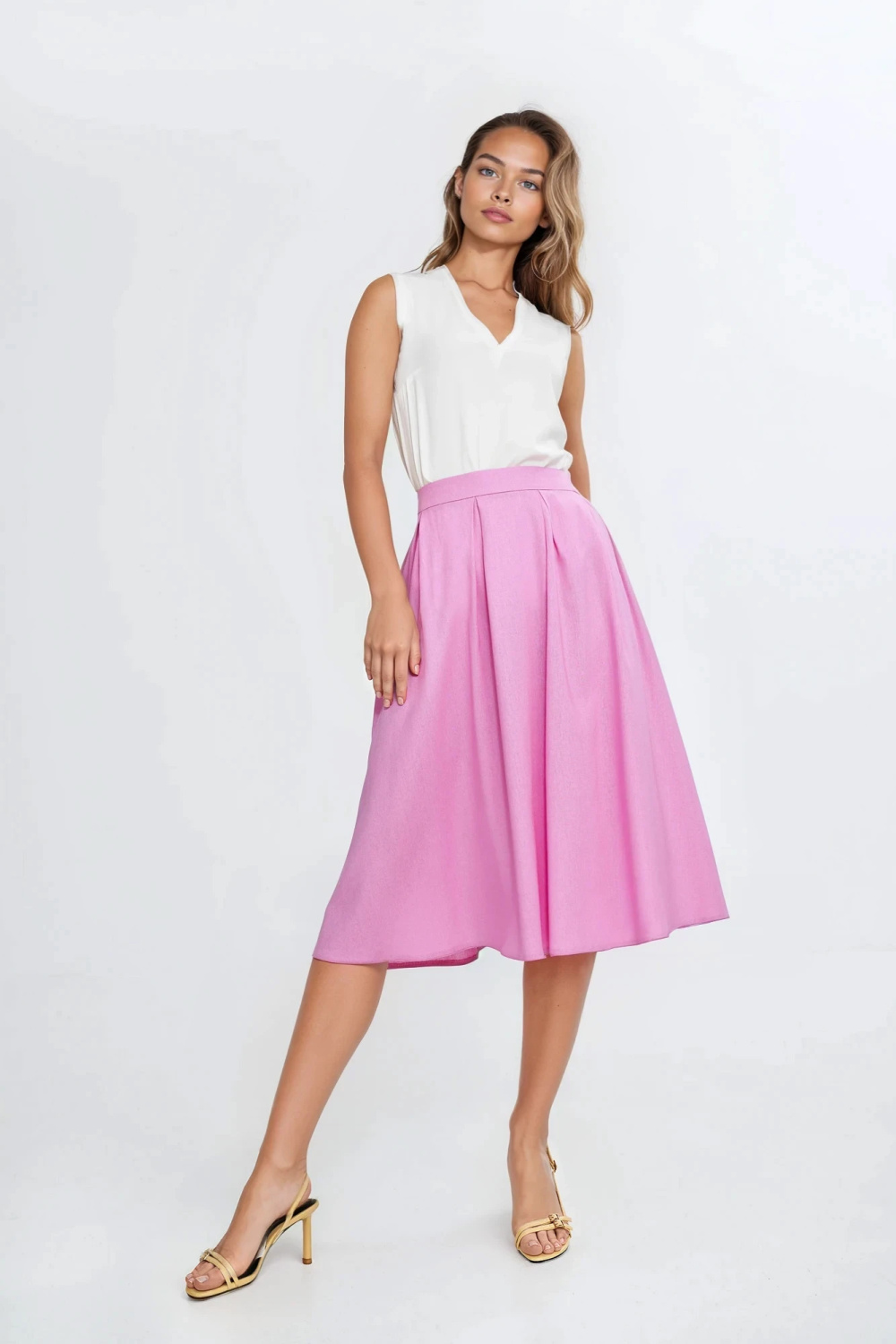 Spódnica midi z rayonu z zakładkami SP82 Pink - Nife - obrazek 2