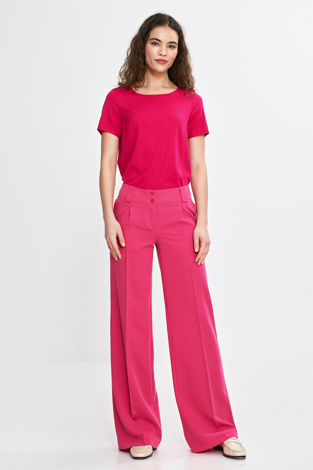 Spodnie wide leg z kantem SD112 Pink - Nife - obrazek 2