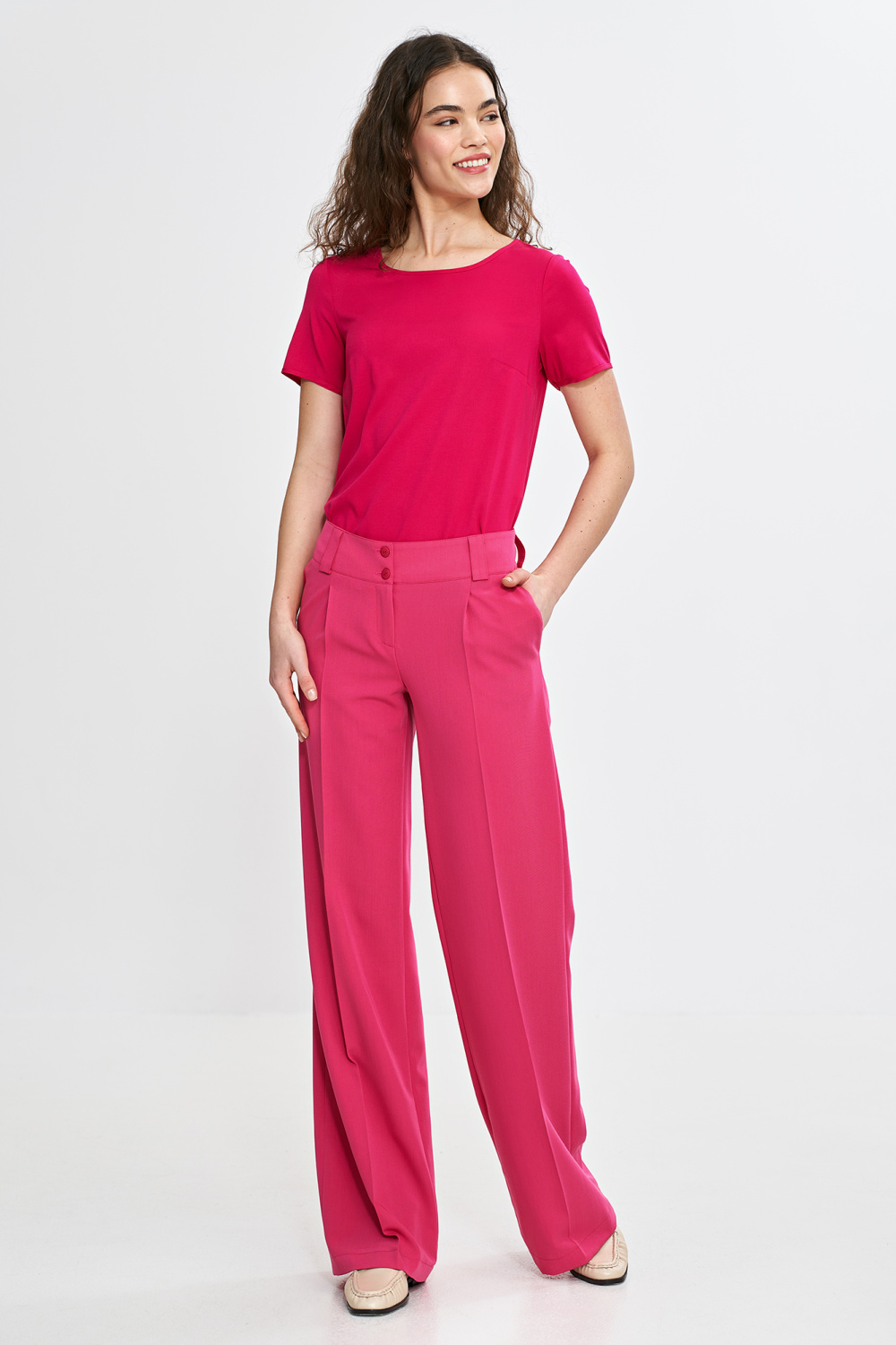 Spodnie wide leg z kantem SD112 Pink - Nife - obrazek 4