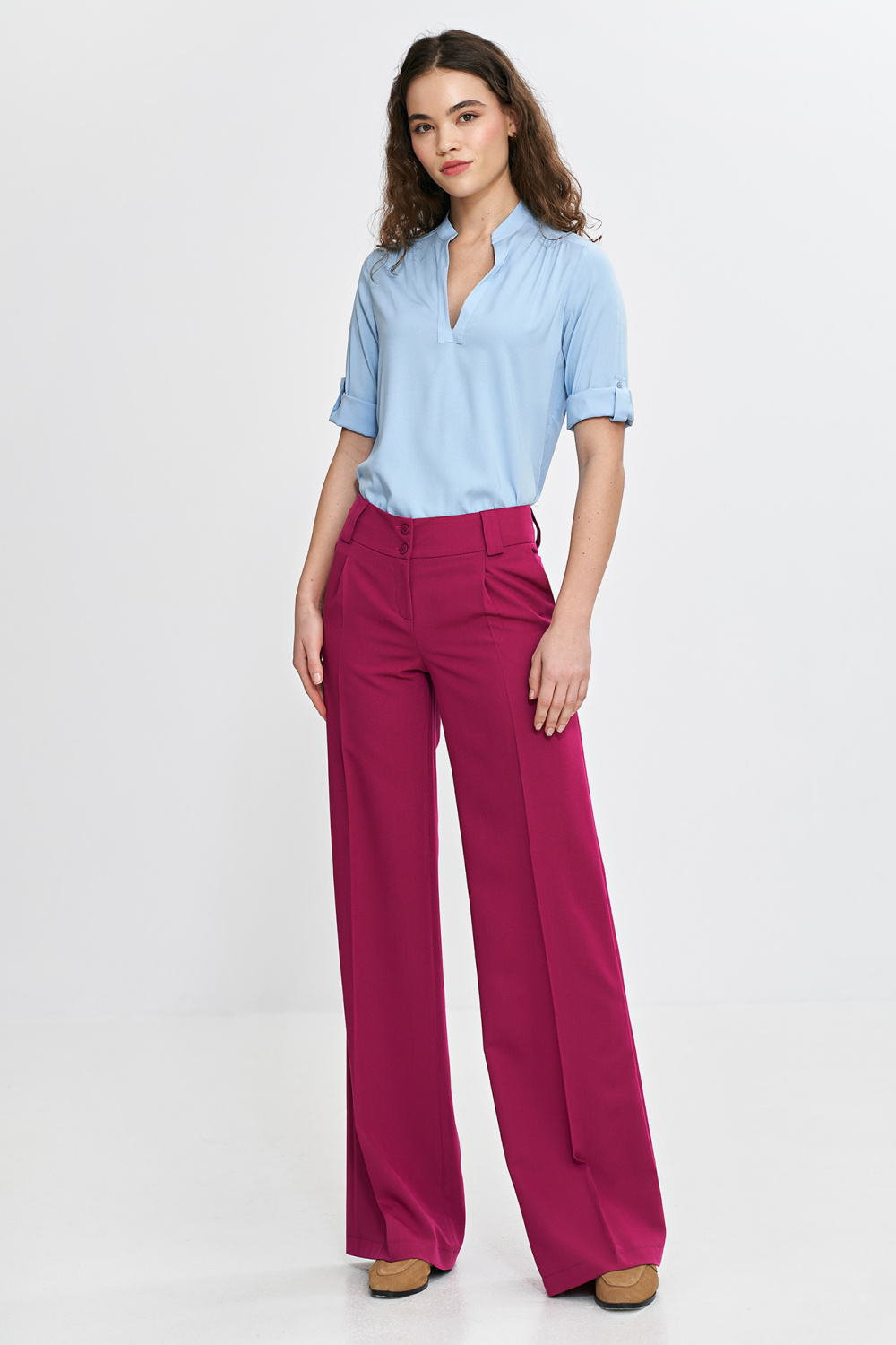 Spodnie wide leg z kantem SD112 Fuksja - Nife - obrazek 2
