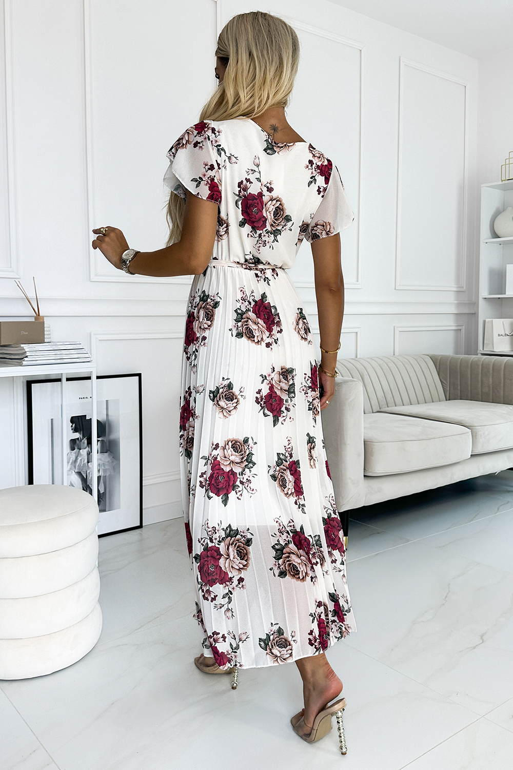 Sukienka Model Lisa 434-8 Ecru/Bordo Flowers - Numoco - obrazek 2