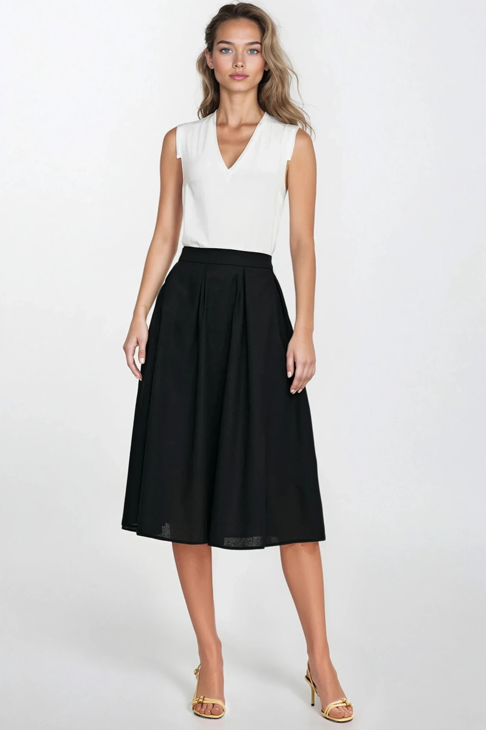 Spódnica midi z rayonu z zakładkami SP82 Black - Nife - obrazek 2