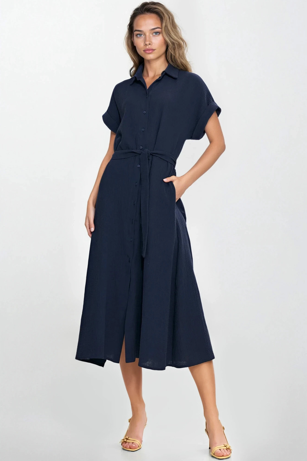 Sukienka Bawełniana muślinowa sukienka koszulowa S269 Navy - Nife - obrazek 2