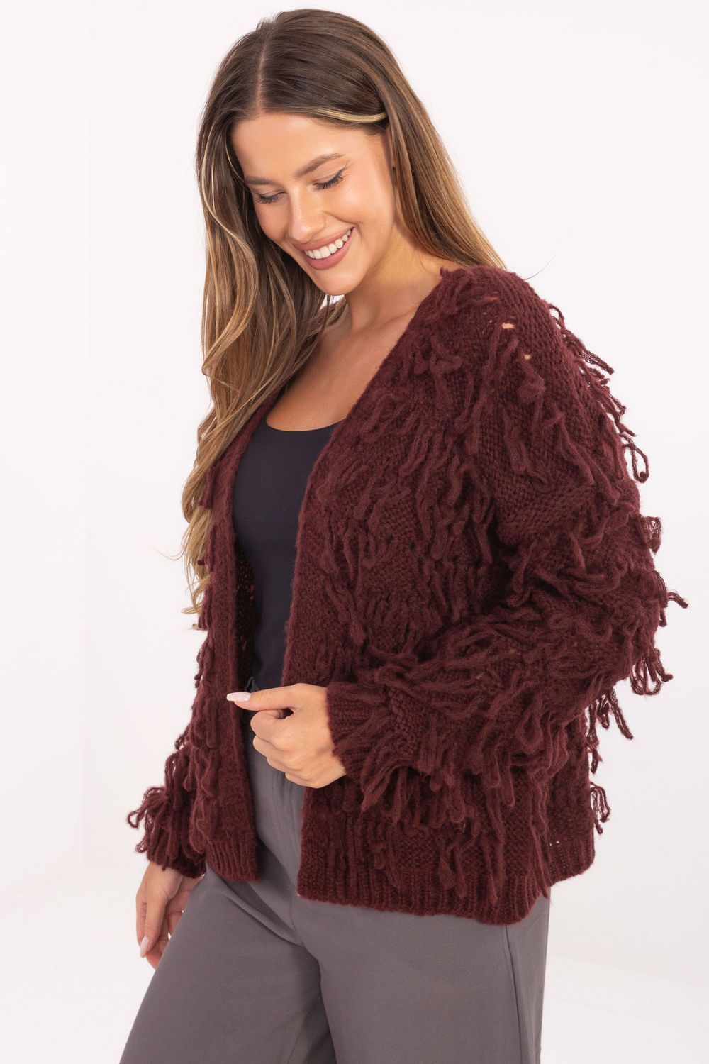 Sweter Kardigan Model MI-SW-1308.21 Bordo - Rue Paris - obrazek 2