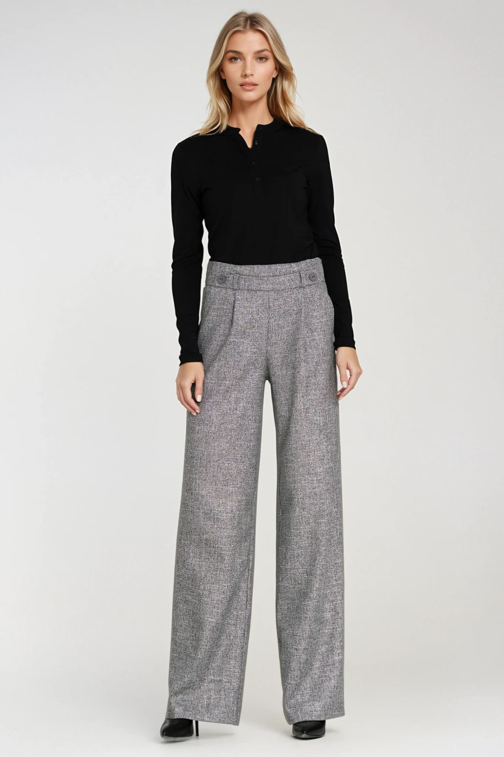 Spodnie wide leg z gumą w pasie i guzikami SD126 Grey Melange - Nife - obrazek 2