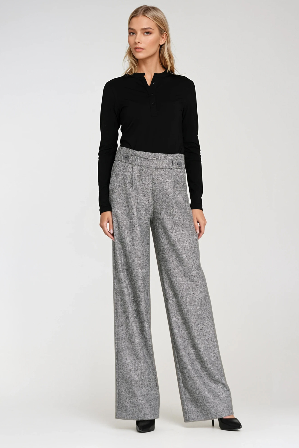 Spodnie wide leg z gumą w pasie i guzikami SD126 Grey Melange - Nife - obrazek 4