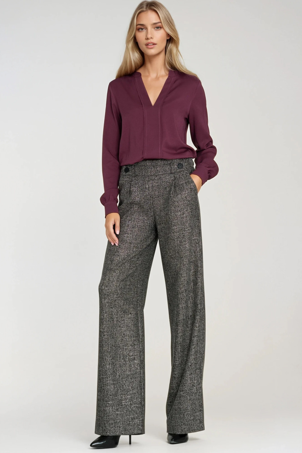 Spodnie wide leg z gumą w pasie i guzikami SD126 Black Melange - Nife - obrazek 2