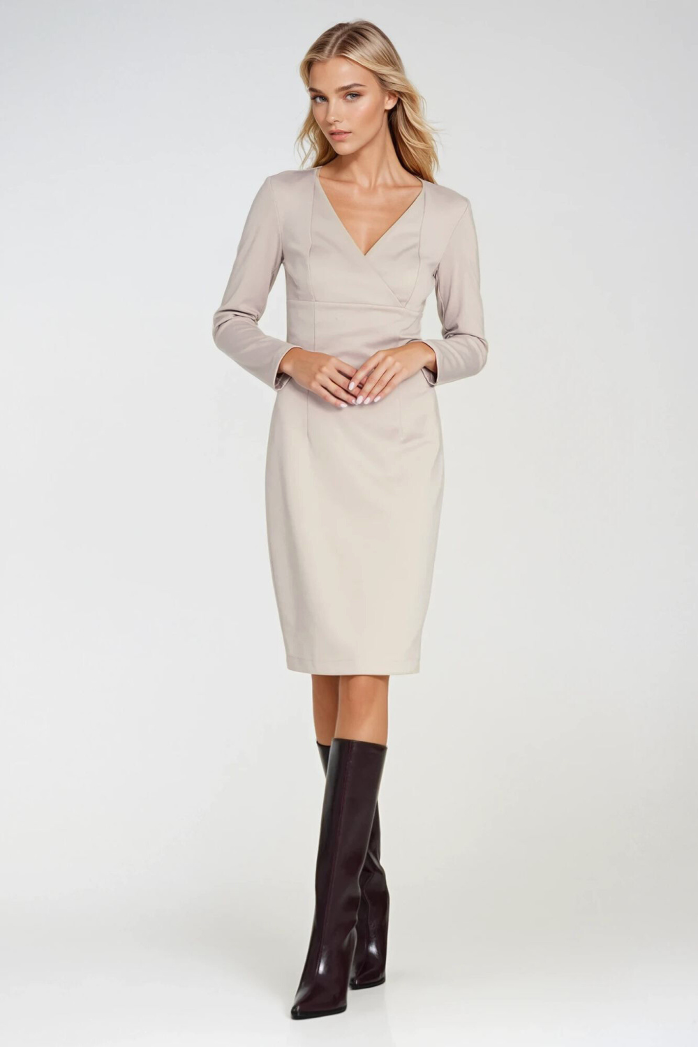 Sukienka z kopertowym dekoltem S276 Beige - Nife - obrazek 4