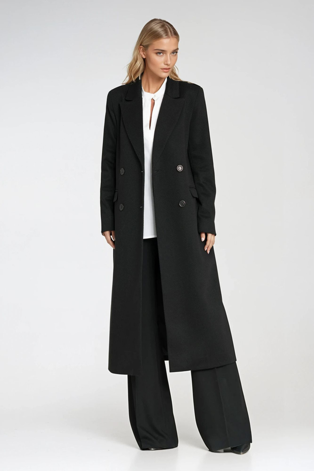 Elegancki płaszcz dwurzędowy PL25 Black - Nife