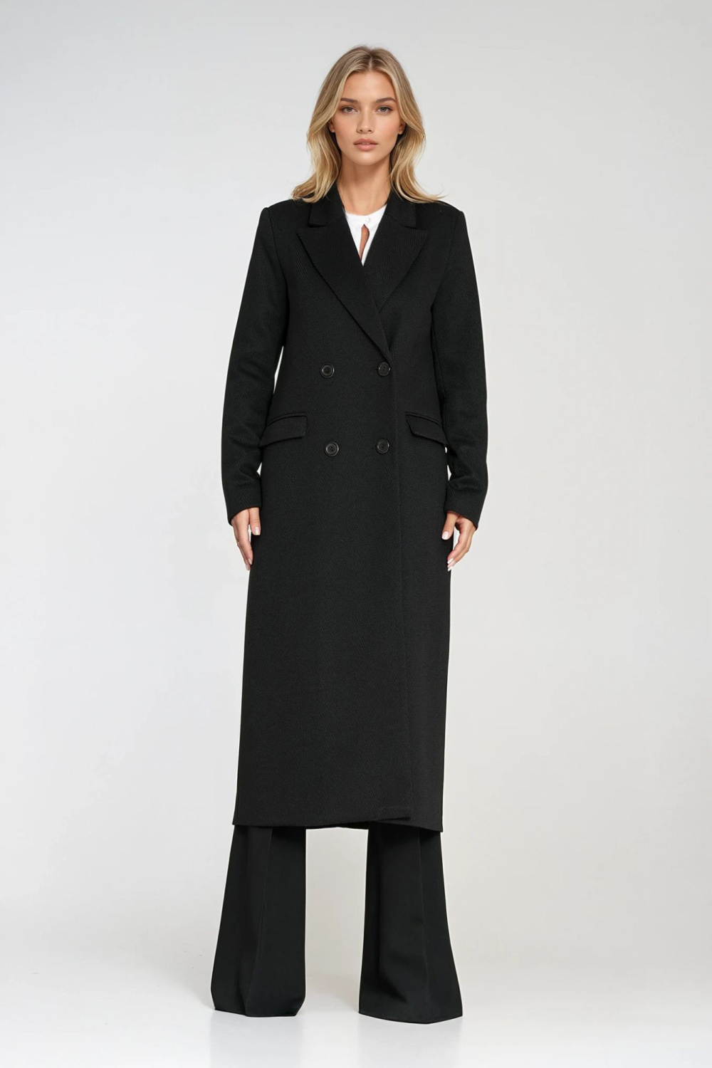 Elegancki płaszcz dwurzędowy PL25 Black - Nife - obrazek 2