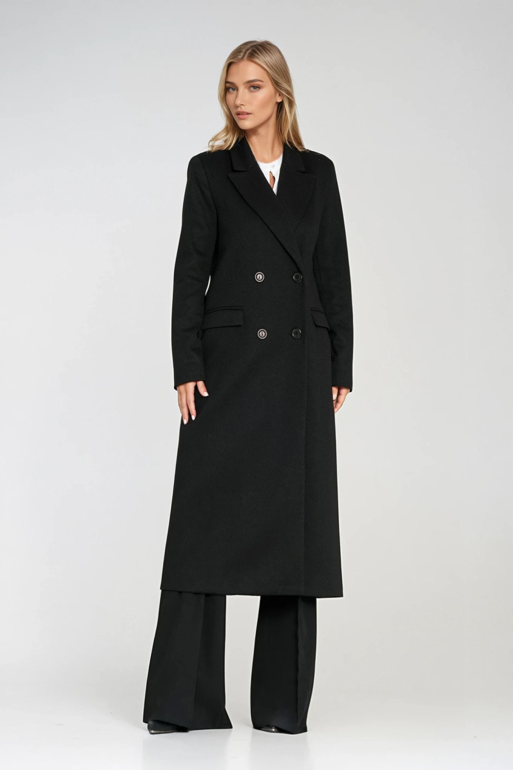 Elegancki płaszcz dwurzędowy PL25 Black - Nife - obrazek 3