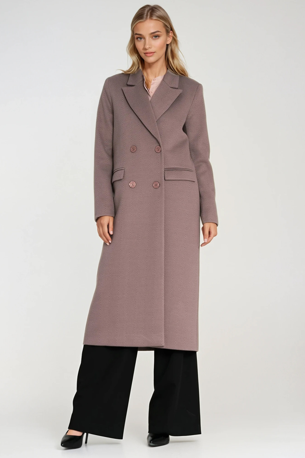 Elegancki płaszcz dwurzędowy PL25 Beige - Nife - obrazek 2