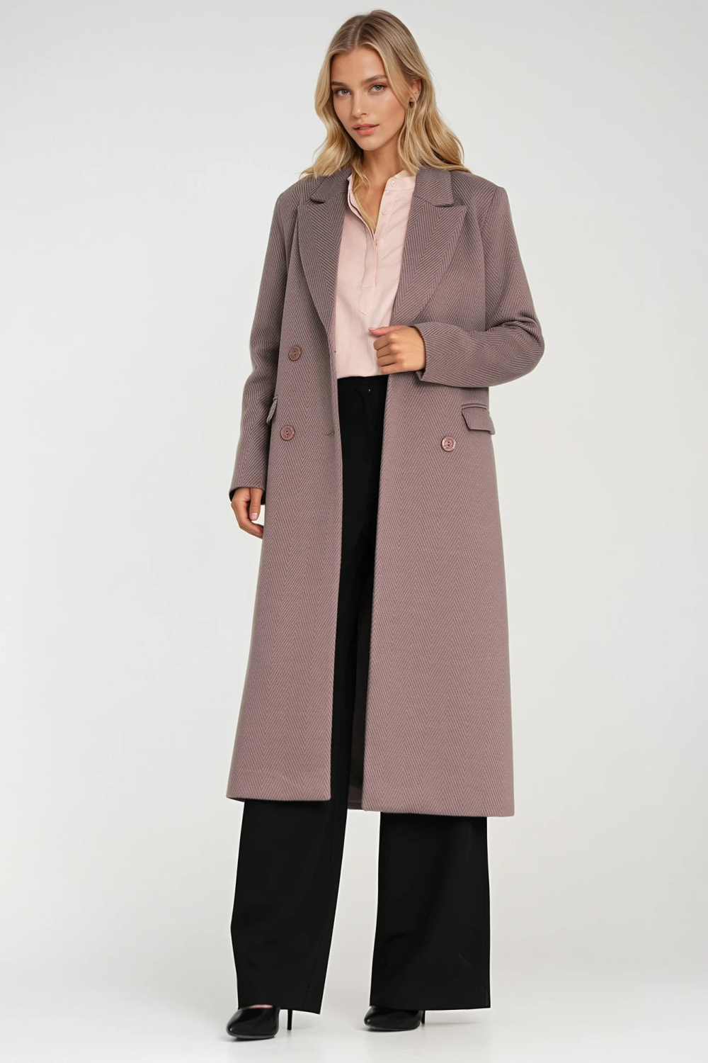 Elegancki płaszcz dwurzędowy PL25 Beige - Nife - obrazek 4