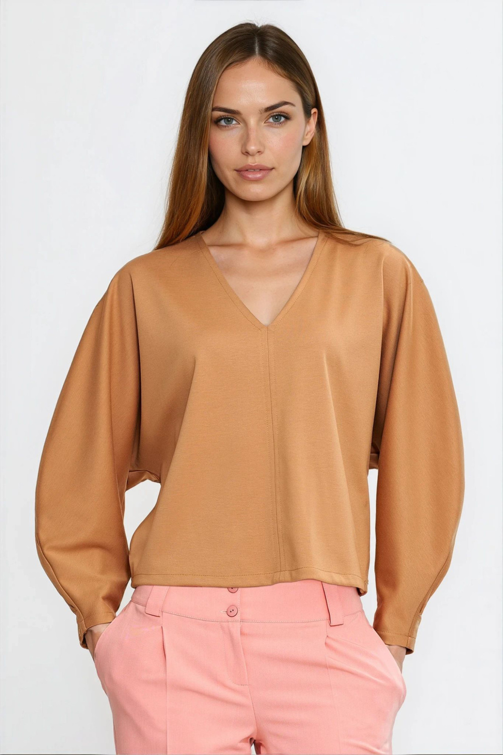 Bluzka oversize z balonowymi rękawami B214 Carmel - Nife - obrazek 2