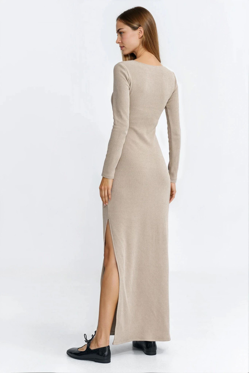 Sukienka maxi z łezką na dekolcie S283 Beige - Nife - obrazek 3