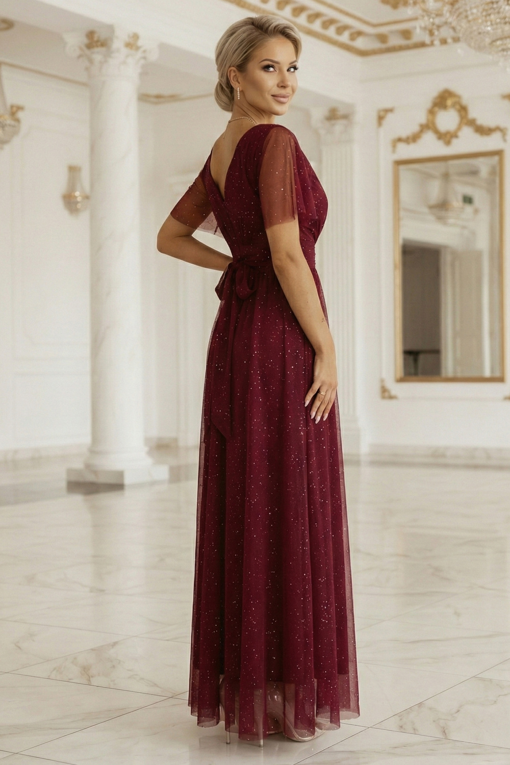 Sukienka Model Melania 635-5 Bordo Brokat - Numoco - obrazek 2