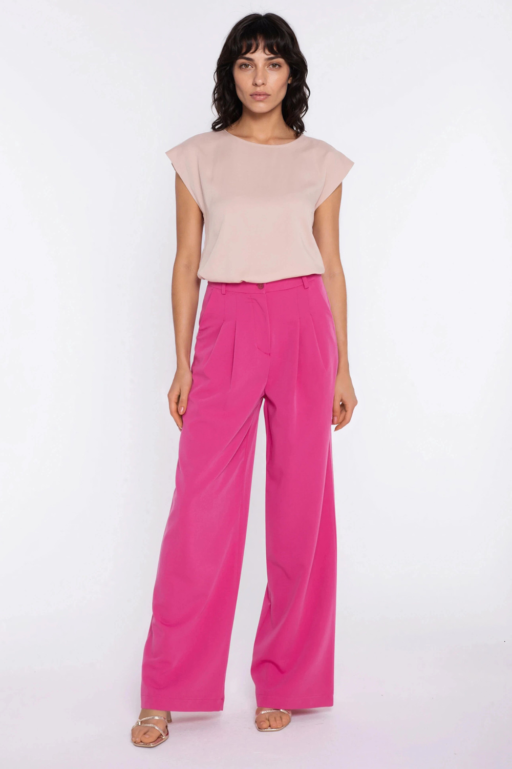 Spodnie z zakładkami wide leg SD138 Pink - Nife - obrazek 2