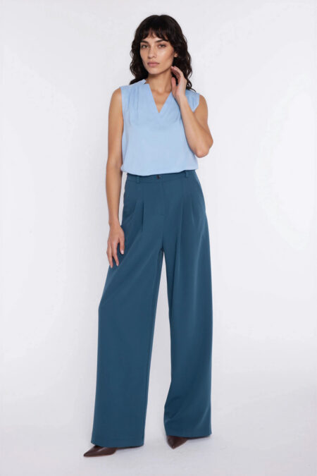 Spodnie z zakładkami wide leg SD138 Teal Lazur - Nife