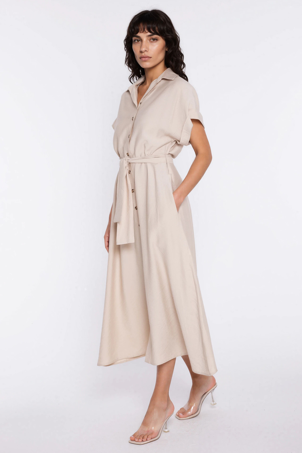 Sukienka Koszulowa sukienka S294 Beige - Nife - obrazek 3