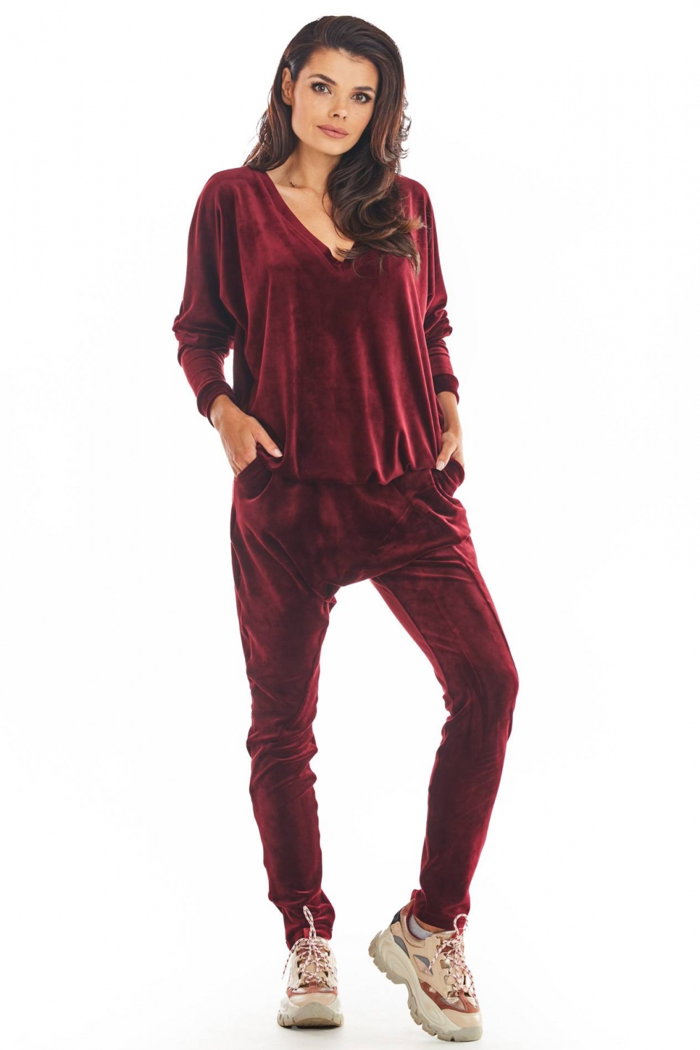 Spodnie Damskie Model A377 Bordo Welur - awama - obrazek 2