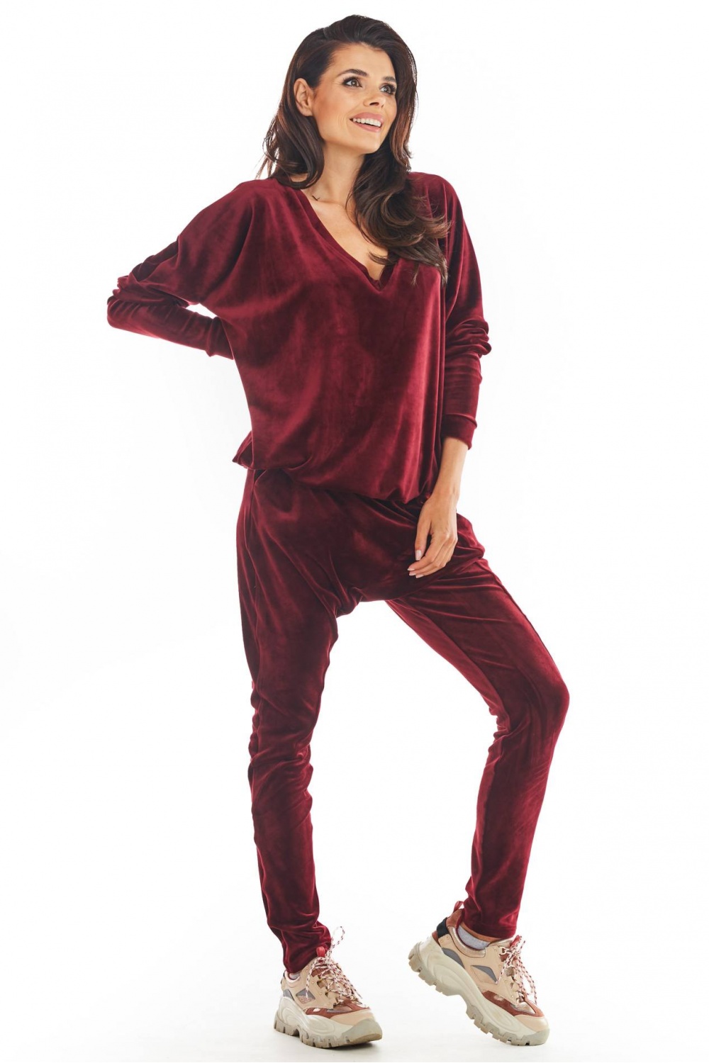 Spodnie Damskie Model A377 Bordo Welur - awama - obrazek 4