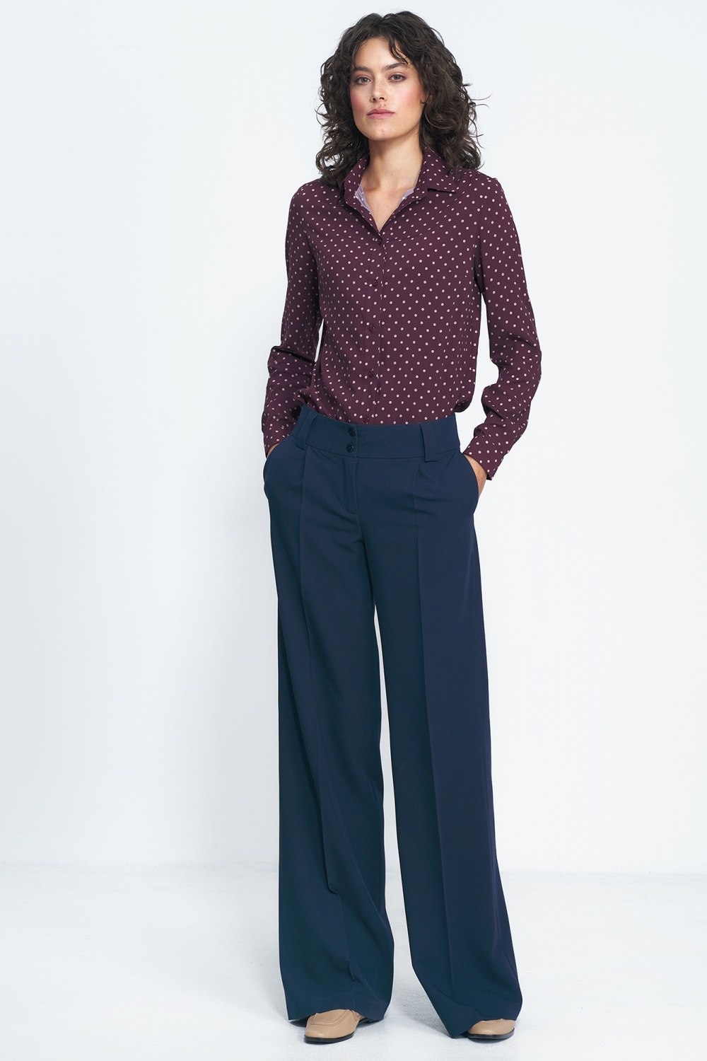 Granatowe spodnie typu wide leg SD81 Navy - Nife - obrazek 2