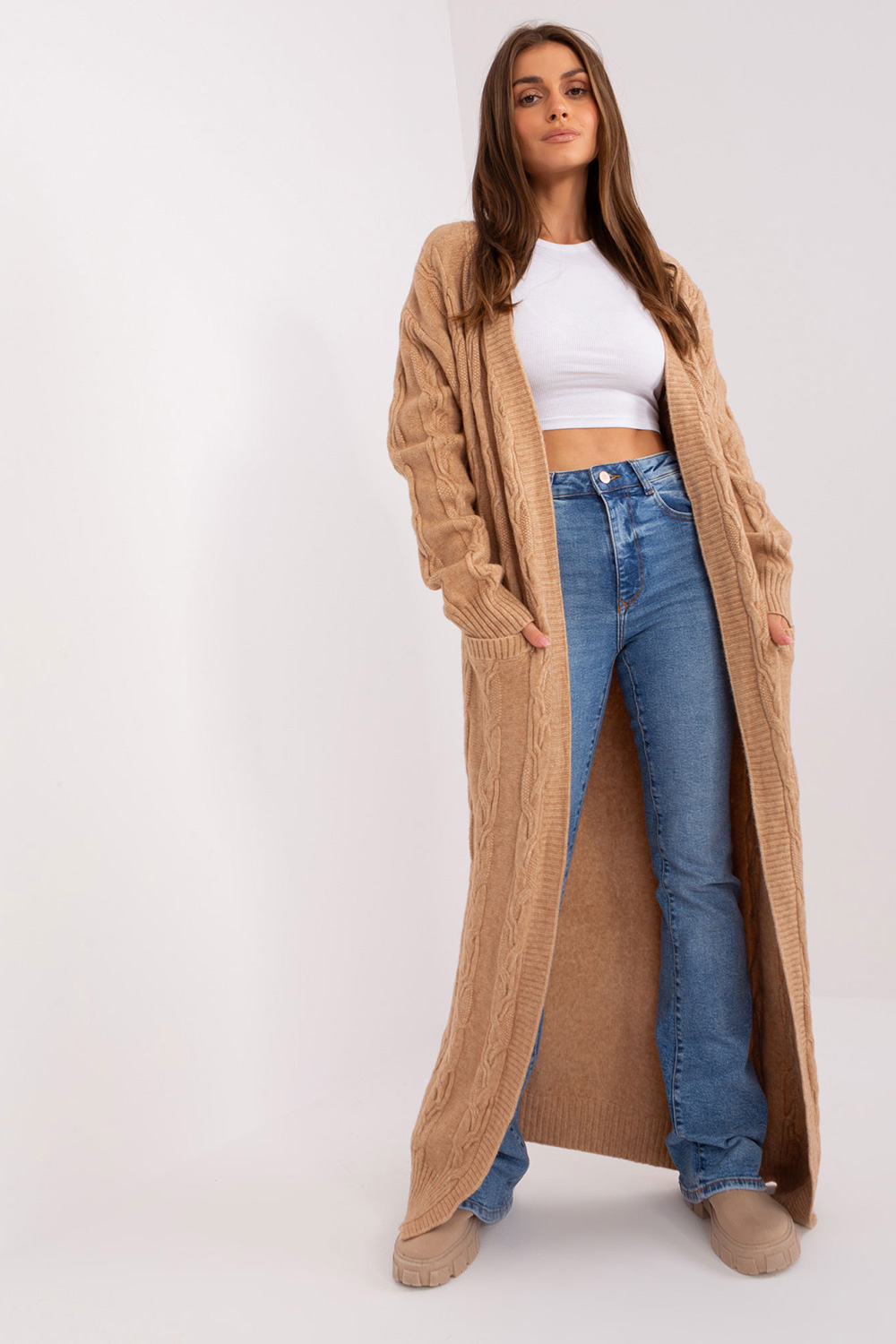 Sweter Kardigan Model AT-SW-2395.30 Camel - AT - obrazek 3
